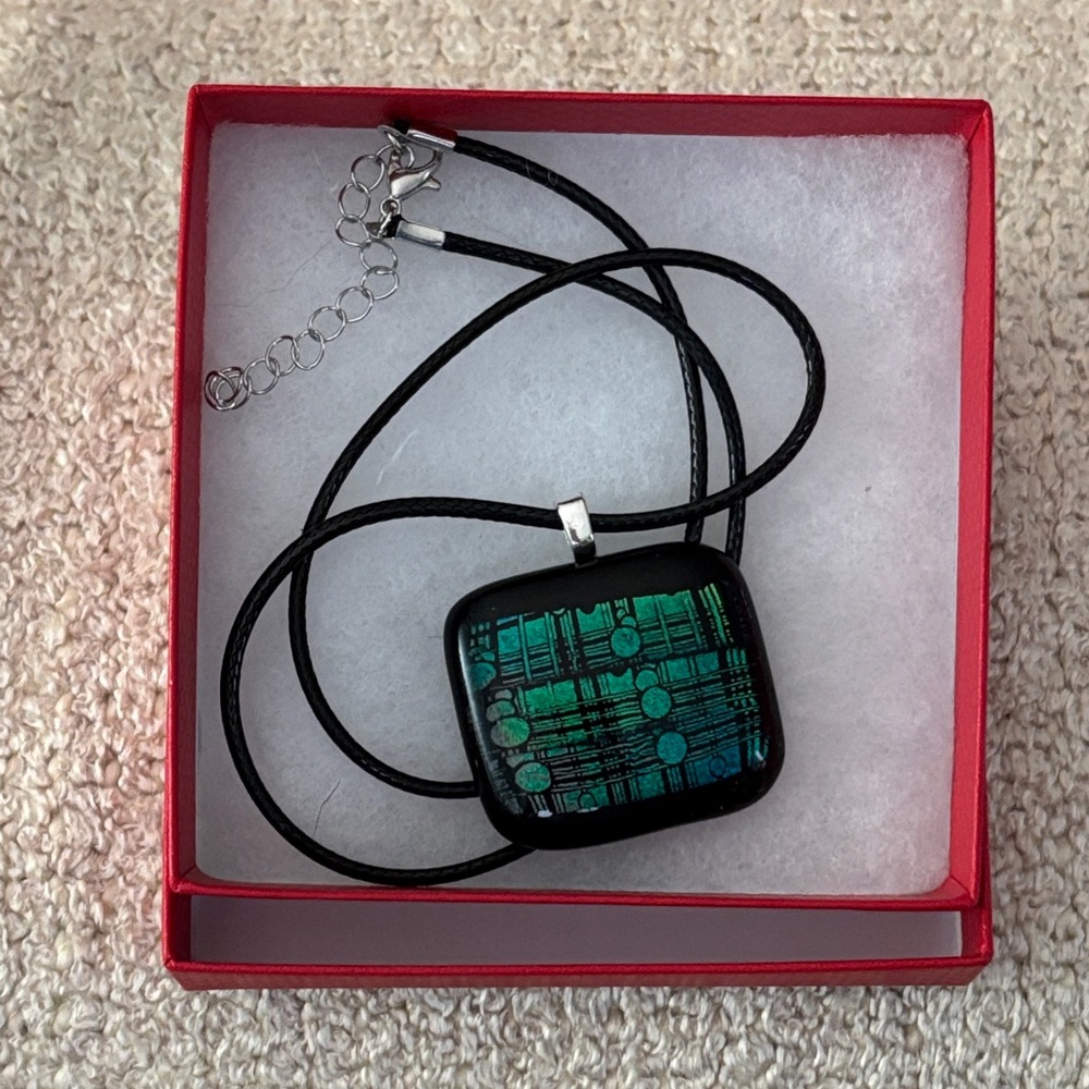 🟣Brand New Dichroic Glass Pendant Necklace, Green & Blue, Handcrafted